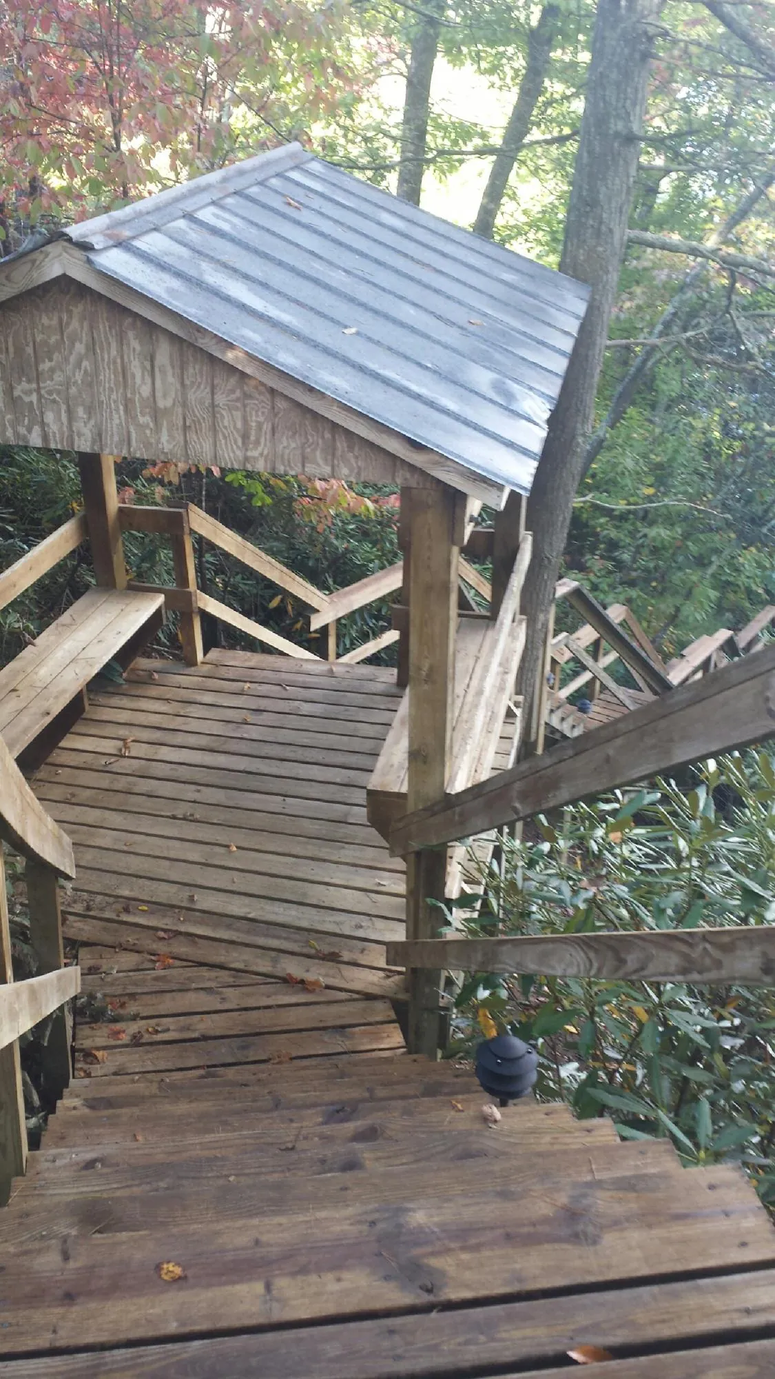 Metal roofed shelter over wooden steps on a wooded walkway — Skylight Repair & Installation work by our crew in Edgewood